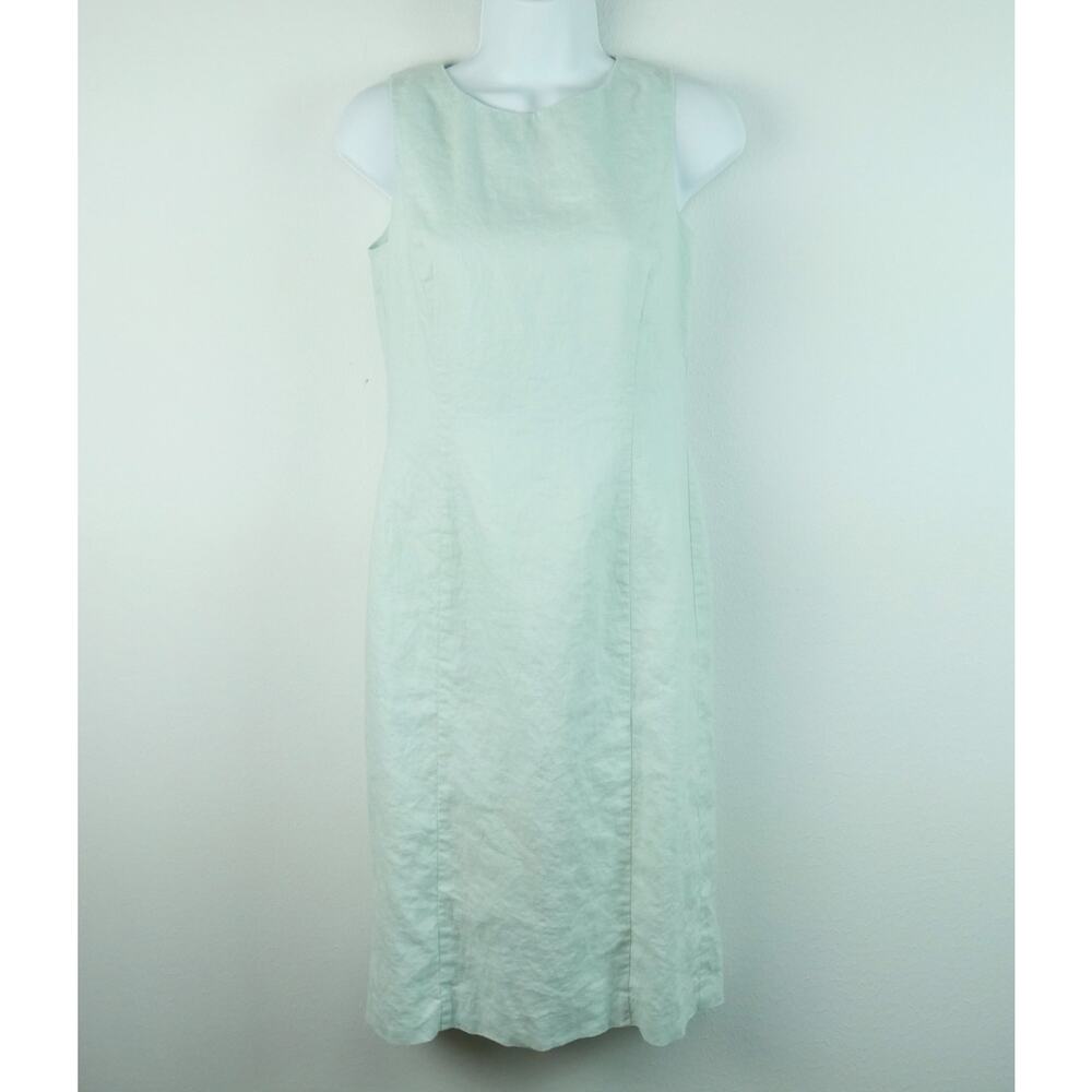 Vintage 90s Laura Ashley Pastel Green Linen Sheath Dress Preppy Minimal US 4